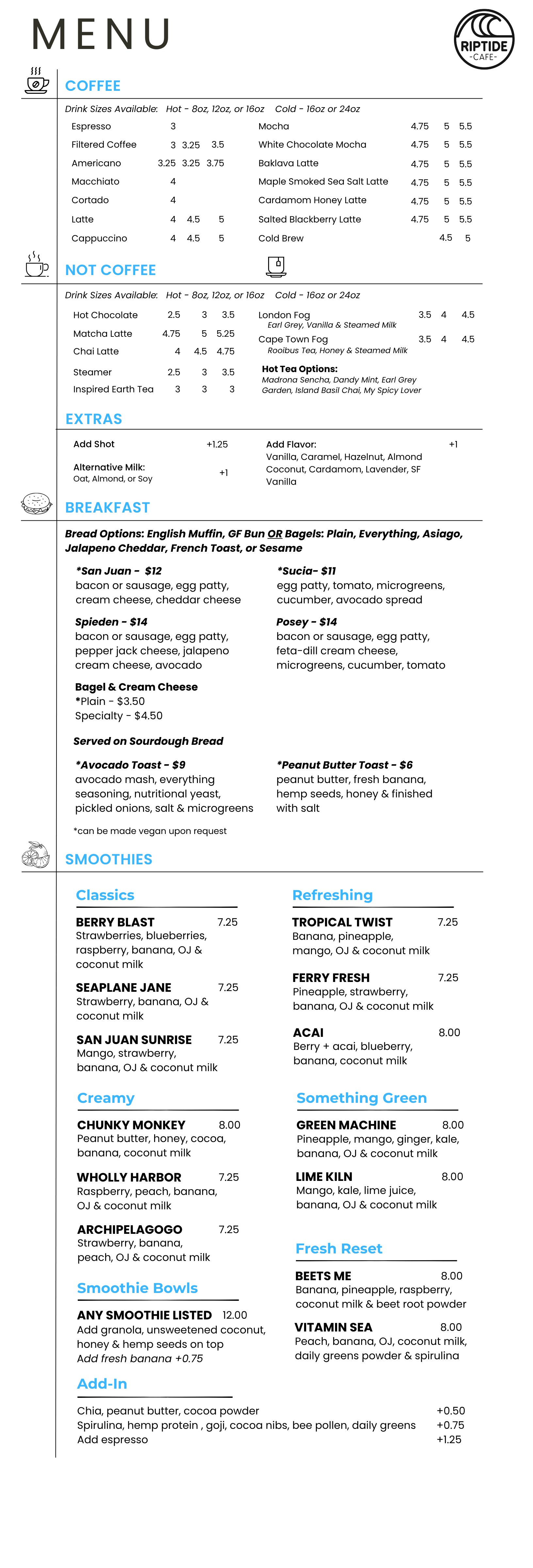 Riptide Cafe menu with coffee, tea, breakfast sandwiches, and smoothies.
