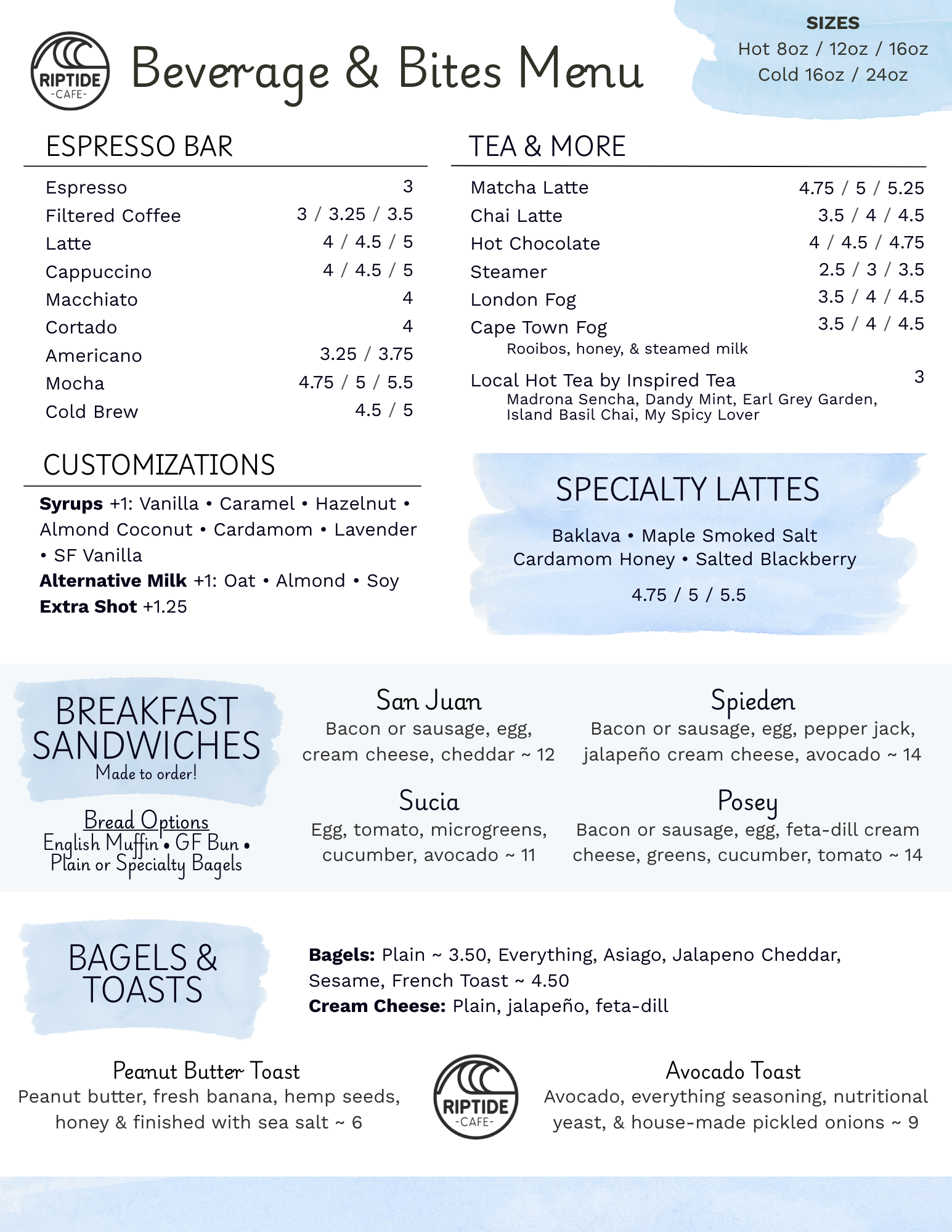 Riptide Cafe beverage and food menu.
