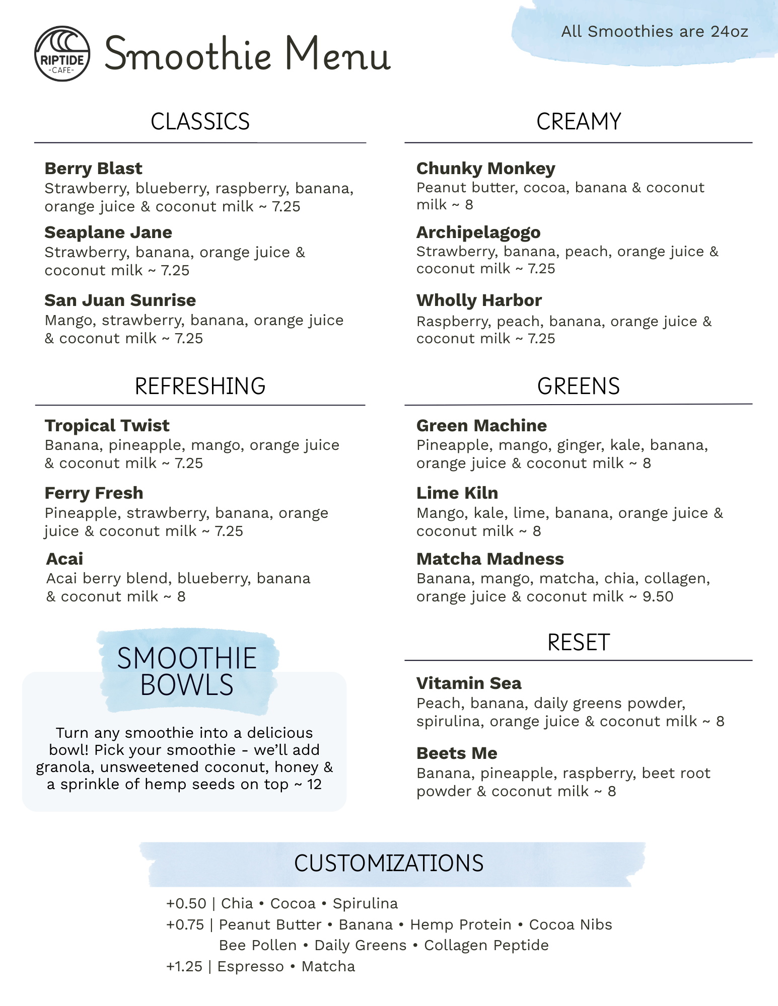 Riptide Cafe Smoothie Menu